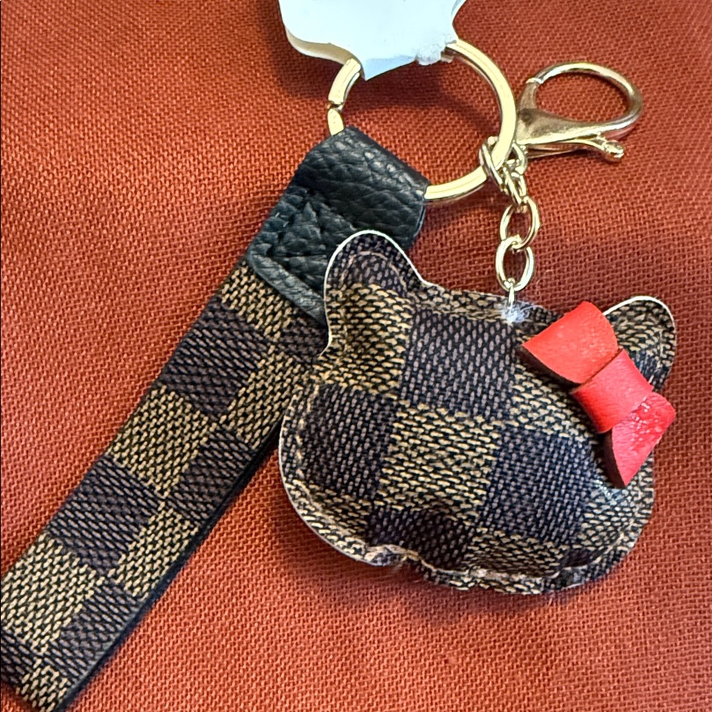 Brown Checkered Keychain Kitty Cat Red Bow Bag Charm New